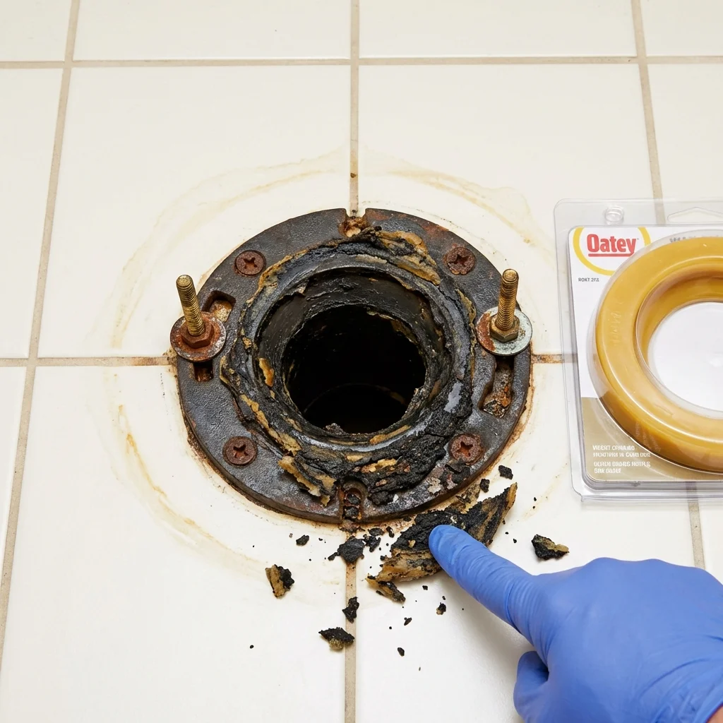 Failed wax ring showing water seepage at the base of a toilet in a Lexington, GA home